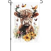 Floral Highland Cow Garden Flags 12×18 Inch Mushrooms Hummingbirds Butterfly Double Sided Decorative Yard Banner Seasonal Flag for Outdoor Outside Decor