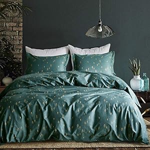mixinni 3 Pieces Duvet Cover Set, 100% Natural Cotton,Gold Arrows Printed on Queen Full Size Green Duvet Cover with Zipper&Ties, 1 Duvet Cover and 2 Pillowcases, Ultra Soft,Breathable-Dark Green