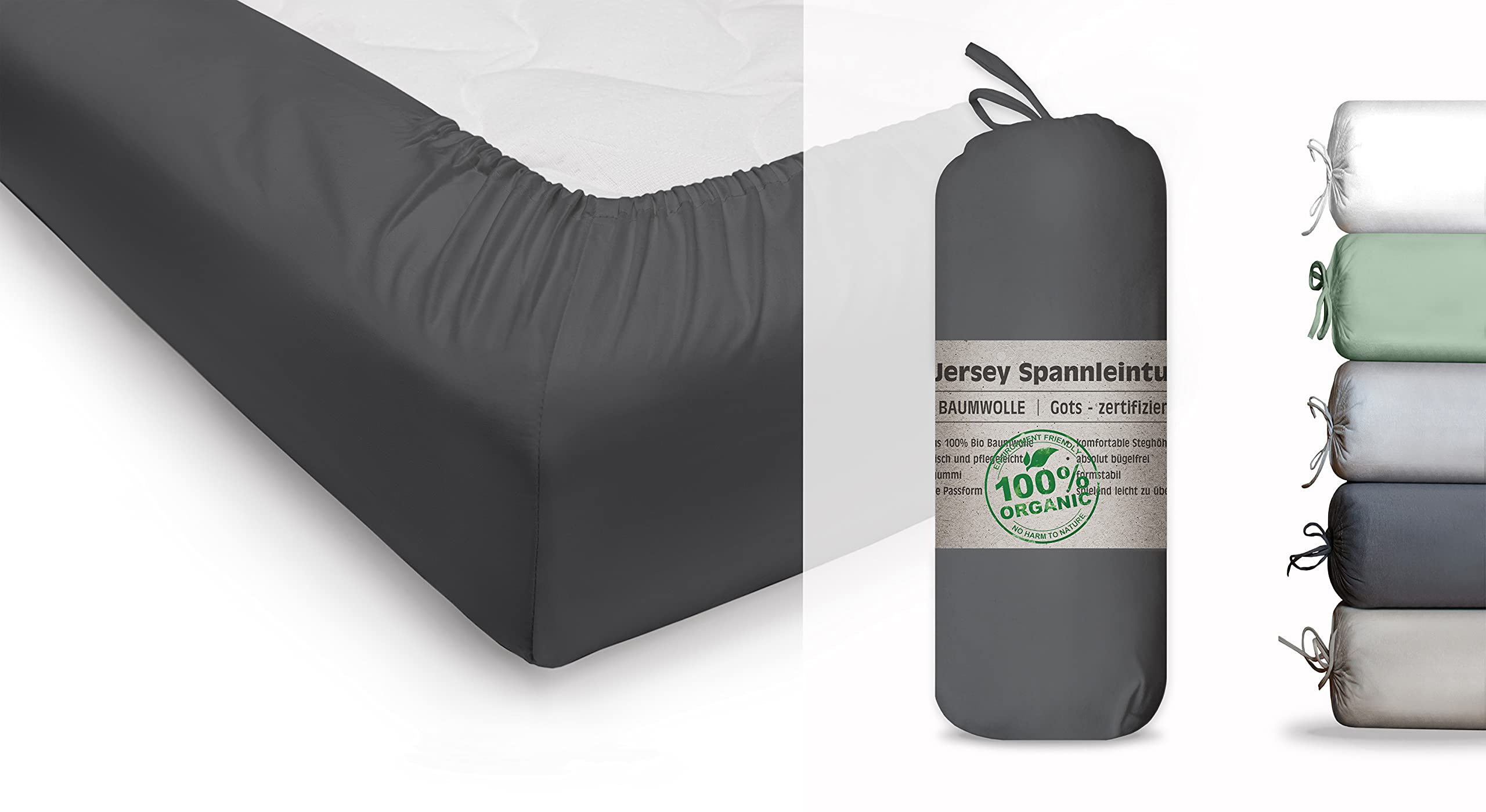 BLUE MOON Organic cotton jersey fitted sheet GOTS-certified Ökotex Made in Green (anthracite, 90-100x200cm 2pcs-pack)