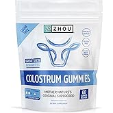 Zhou Colostrum Gummies, Bovine Colostrum Supplement, Natural Raspberry Flavor, 250mg Immunoglobulins, Sugar Free, Gluten Free, No Added Growth Hormone, 30 Servings, 60 Gummies