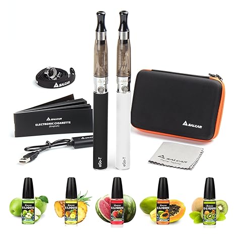 Salcar® Elektronische Zigarette Doppelset Update | 2 x Ego E Zigarette mit 1100mAh Akku + 5 x 10ml E-Liquid von Früchte Gesch