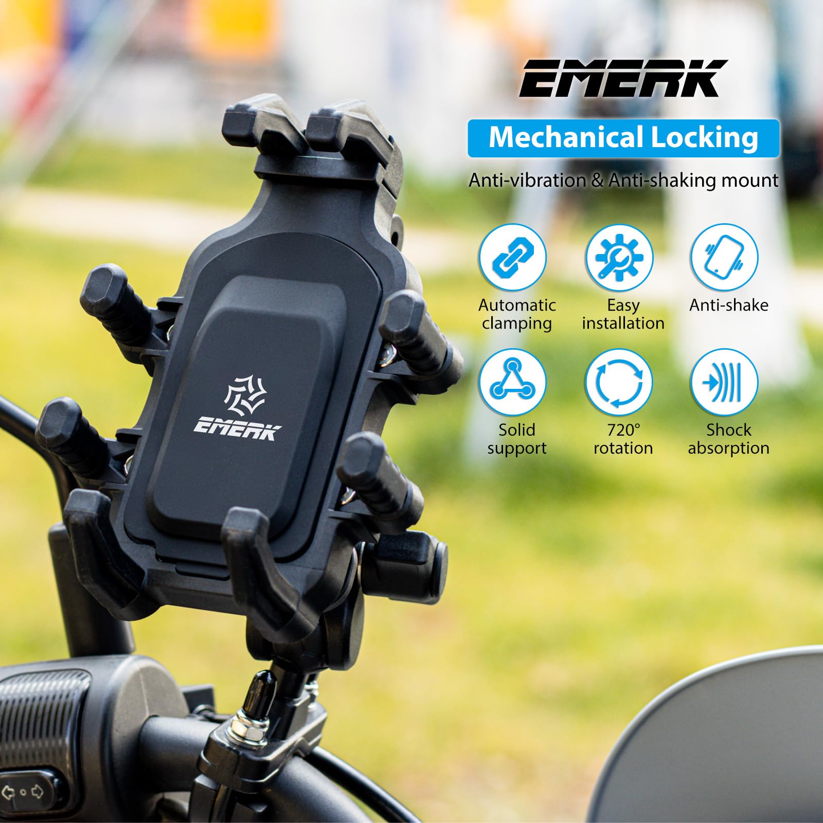 EMERK Motorcycle Phone Mount Holder - [Dual Vibration Dampener] [Anti-Shake Anti-Theft] Bike Phone Holder, Adjustable Handlebar Cellphone Cradle for Bicycle Road Scooter ATV Fit 4.7''-7.2'' Smartphone