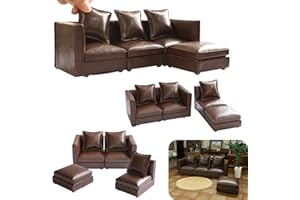iLAND Dollhouse Furniture Miniature Sectional Couch Set for Doll House Décor Fit 1/12 Scale Accessories, Modern Brown Faux Leather Sofa Timeless & Classic