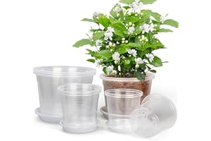 RAOOKIF 10/8/6/5 Inch Nursery Pots with Saucers, 12 Pack Clear Nursery Pots with Drainage Hole for Indoor Outdoor, Plastic Clear Pots for Plants for Flowers, Succulents, Small Herbs