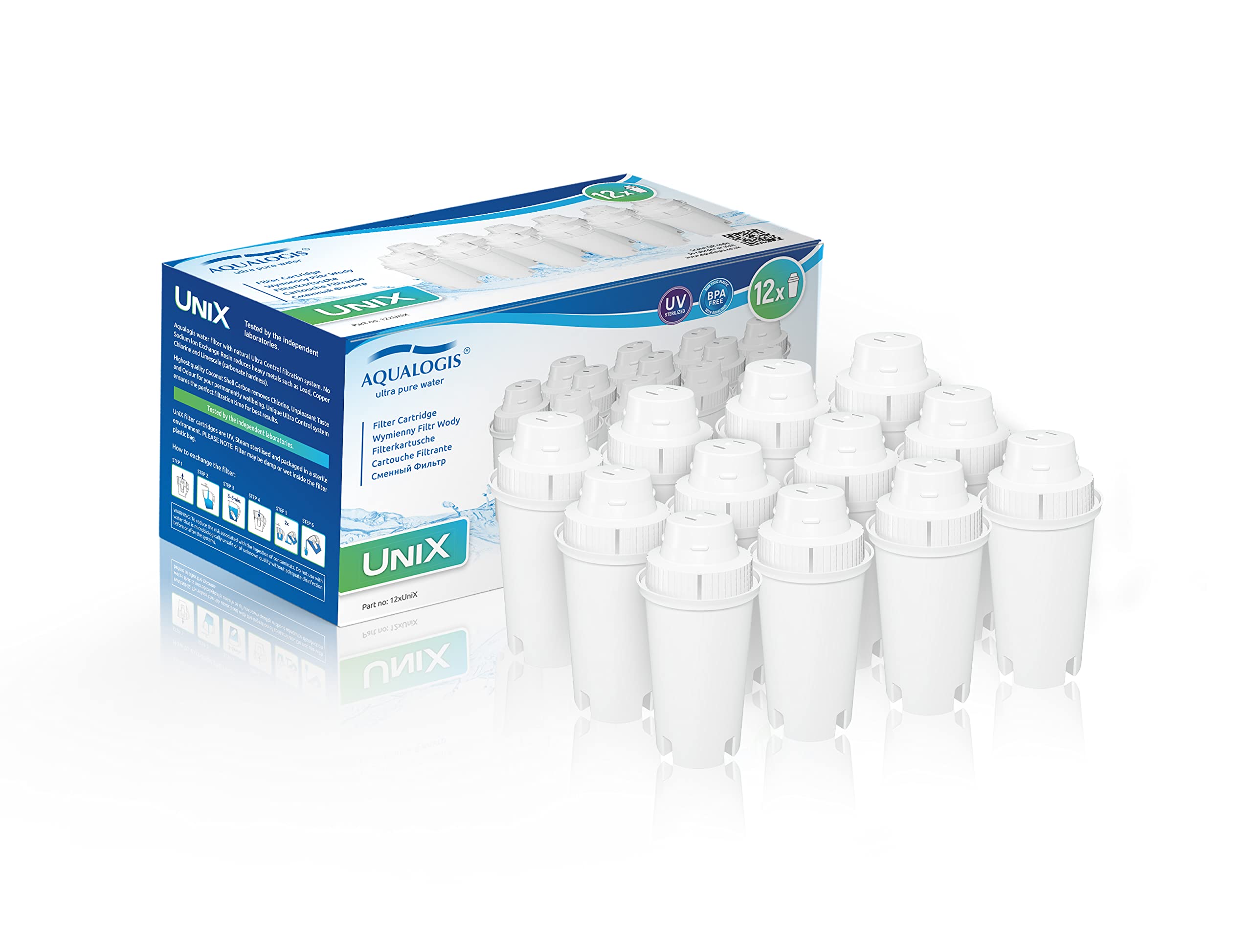 Aqualogis UniX Water Filter Cartridge Compatible with Brita Classic, Dafi, PearlCo, Mavea 107007, AquaOptima RUF916 Water Jug 12pk