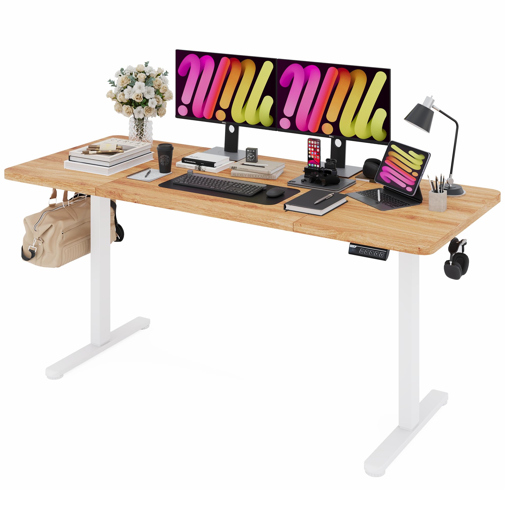 Photo 1 of Monomi Electric Standing Desk, 63 x 28 inches Height Adjustable Ergonomic Home Office Sit Stand Up Desk with Memory Preset Controller (Natural Top/White Frame)