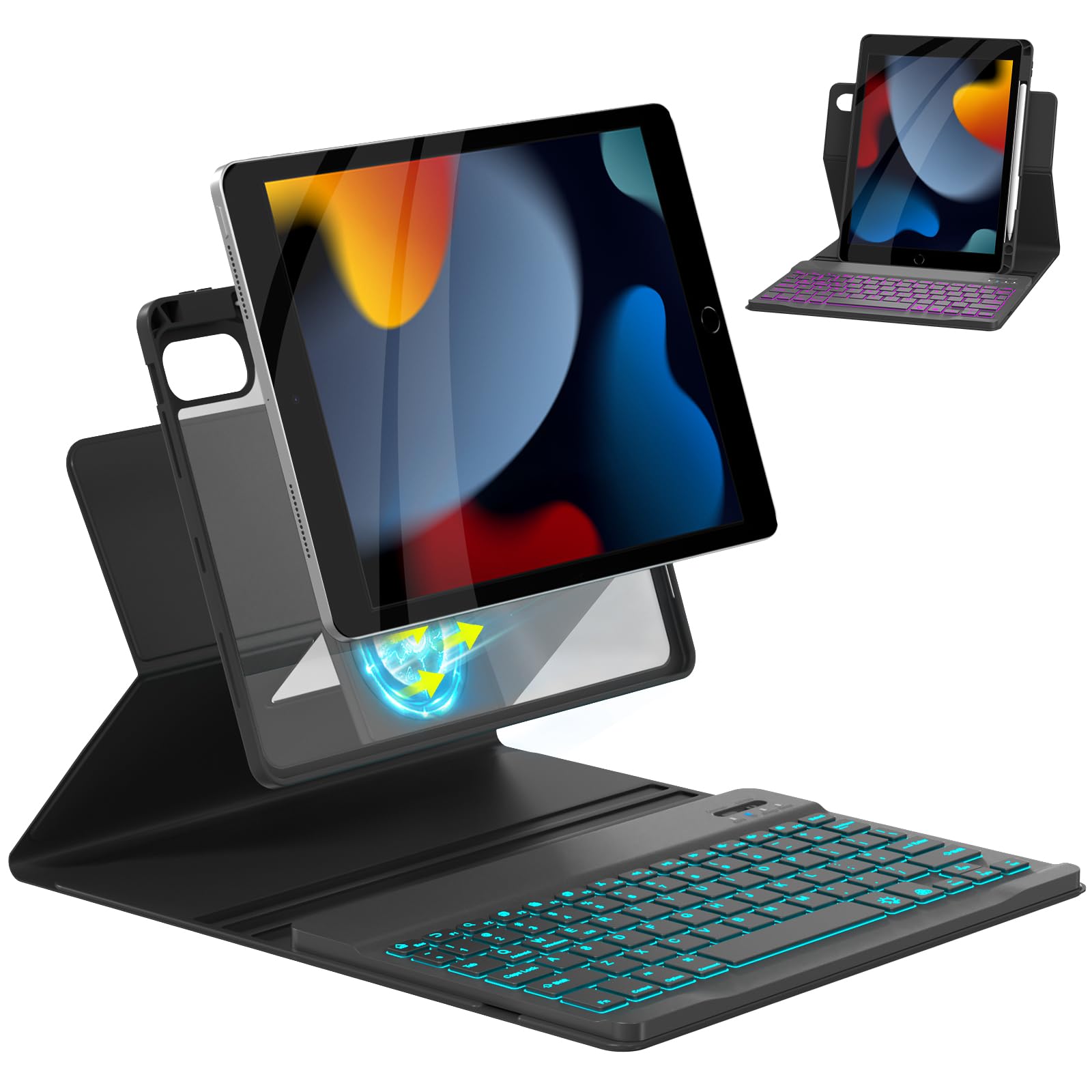 Photo 1 of OPAKIT Magnetic Keyboard Case for iPad 9th/8th/7th Generation 10.2 inch, iPad Pro 10.5-inch Air 3rd Case with Pencil Holder, 7 Color Backlight BT Keyboard (2021/2020/2019/2017), Black