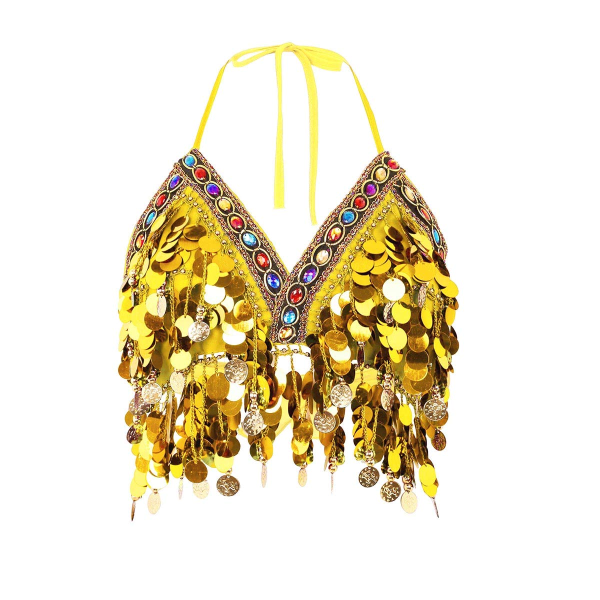 CHICTRY Women Halter Neck and Back Tie Up Bra Top with Sequins Tassel Costume 2# Yellow One Size