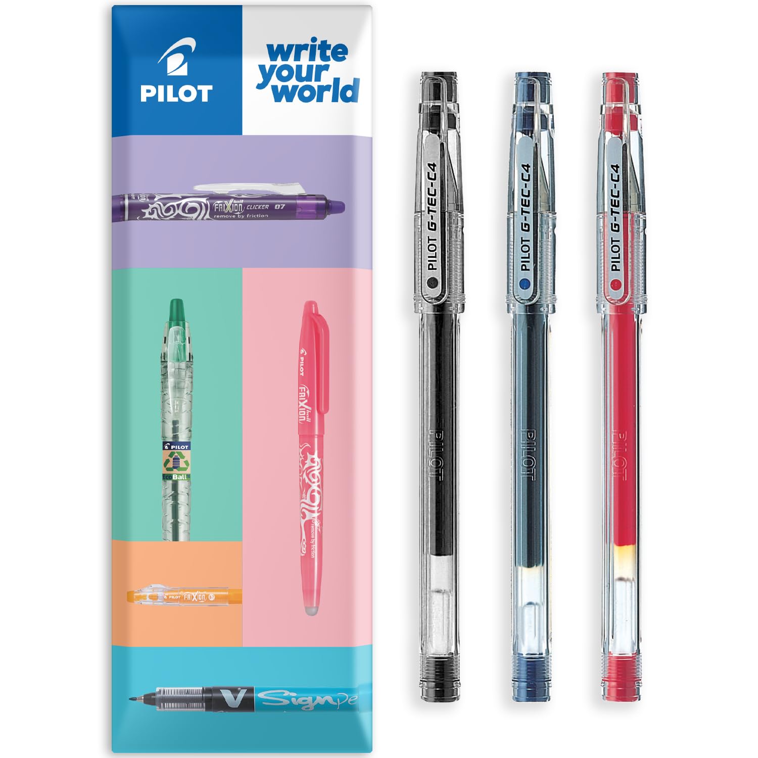 PILOT G-Tec C4 Gel Ink Rollerball Pen - 0.4mm Nib - 0.2mm Line - In Envelope Gift Packaging - Pack of 3 (Black, Blue, Red)