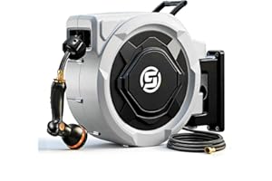 SUNPOW Retractable Garden Hose Reel - 5/8in x 100ft Heavy Duty Wall Mounted Hose Reel with 3/4in Brass Fitting & 10 Function 