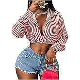SOLY HUX Women's Striped Shirts Button Down Collared Long Sleeve Blouse Going Out Crop Tops