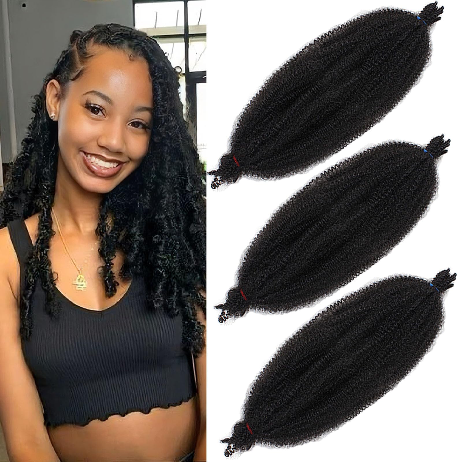 Samtress 18 Inch Springy Afro Twist Hair 3 Packs Black Springy Afro Twist Braids Kinky Marley Braiding Hair for Pre-fluffed Natural Afro Twist Braids Synthetic Wrapping Hair for Soft Locs (#1B) — image 1