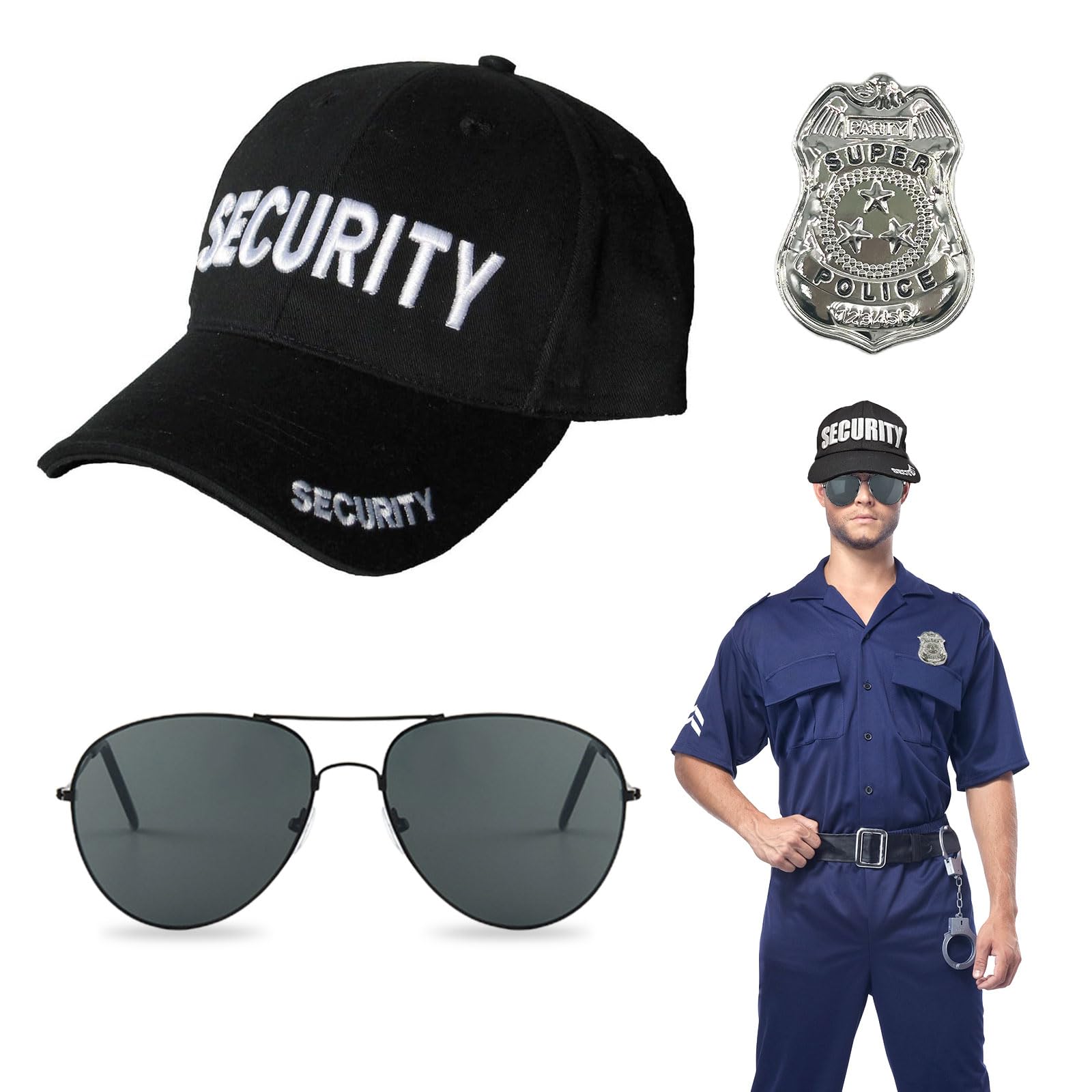 EUPSIIU 3 Pieces Security Army Baseball Cap Mens Police Costume Adult Kids Police Baseball Hat Sunglasses Cuffs Badge Halloween Festival Cop Fancy Dress Hat SWAT Role Play Cosplay Party(Black)