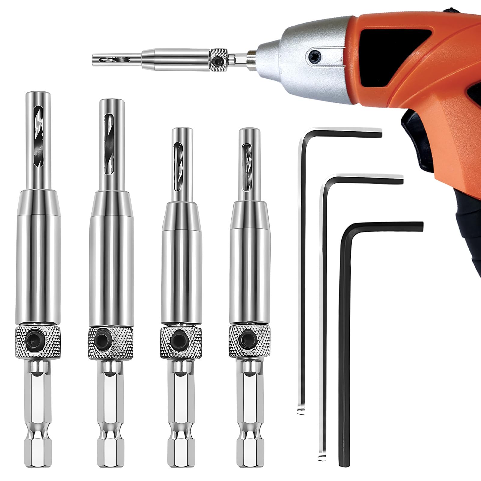 Ansodo 7Pcs Hinge Drill Bit Set, self centering drill bit, 5/64inch, 7/64inch, 9/64inch,11/64inch Hex Shank, Self-tapping Screws, Self-centring Drills for Hinges on Doors, Windows, Cabinets (Silver)