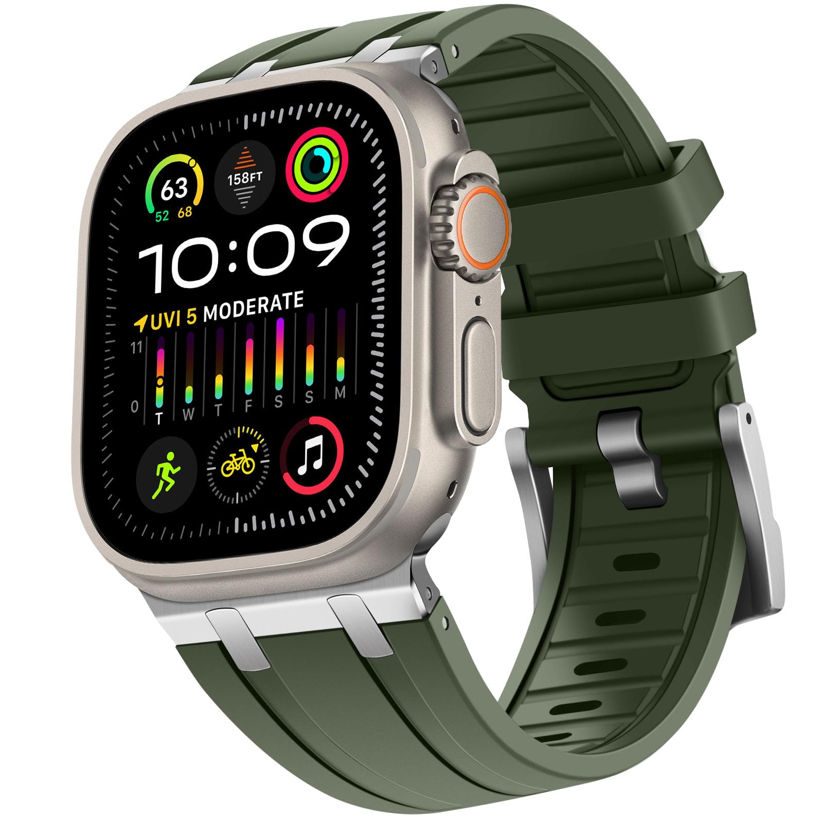 HITZEE Compatible with Apple Watch Ultra Strap 49/46/45/44/42mm, Liquid Silicone Band with Stainless Steel Adapter Straps Designed for Apple Watch Ultra 2 Ultra Series 10 9 8 7 SE 6 5 4 3 2, Green