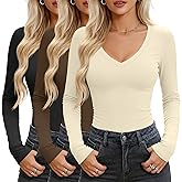 Huukeay 3 Pack Women's V Neck Long Sleeve Shirts Layering Undershirts Slim Fit Ladies Tops Underscrub Basic Tees