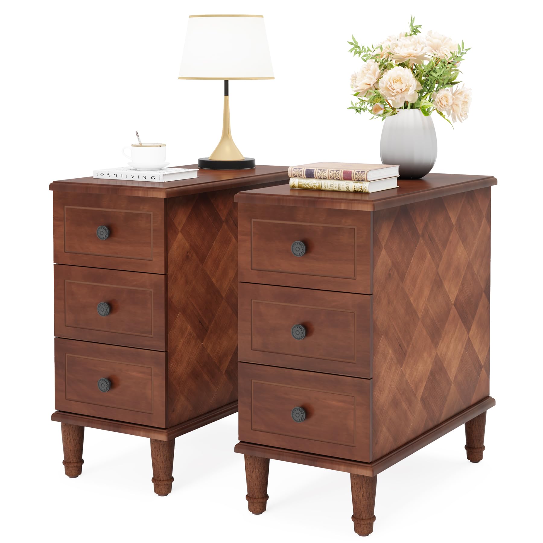 Photo 1 of LITTLE TREE Fully Assembled End Table, Set of 2 Narrow Side Table with 3 Drawers, Pre-Assembled Nightstand Slim Bedside Table for Small Spaces, Living Room, Bedroom, Brown