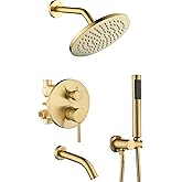 Shower System with Tub Spout, Gold Bathtub Shower Faucet Set, 8" Rain Shower Head and Handheld Spray Combo, Round Shower Head and Handle Set with Tub Spout (Valve Included), Brushed Gold