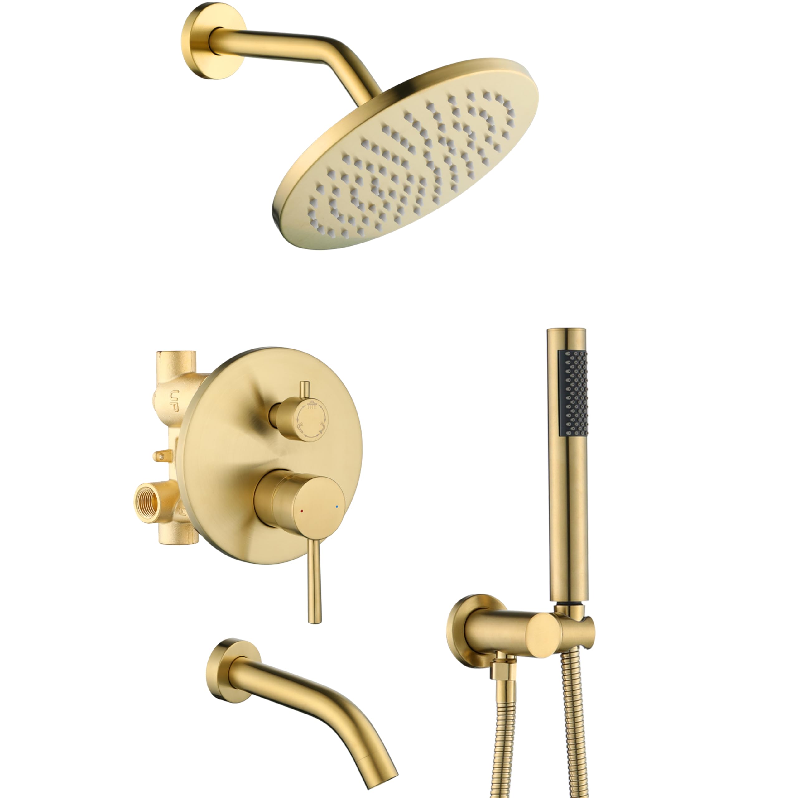 Photo 1 of ***MISSING PARTS***Shower System with Tub Spout, Gold Bathtub Shower Faucet Set, 8" Rain Shower Head and Handheld Spray Combo, Round Shower Head and Handle Set with Tub Spout (Valve Included), Brushed Gold