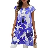 Chicyoo Womens Long Tunic Top Floral Printed Cap Sleeve Round Neck Loose Fit Pullover for Summer Casual Outfits