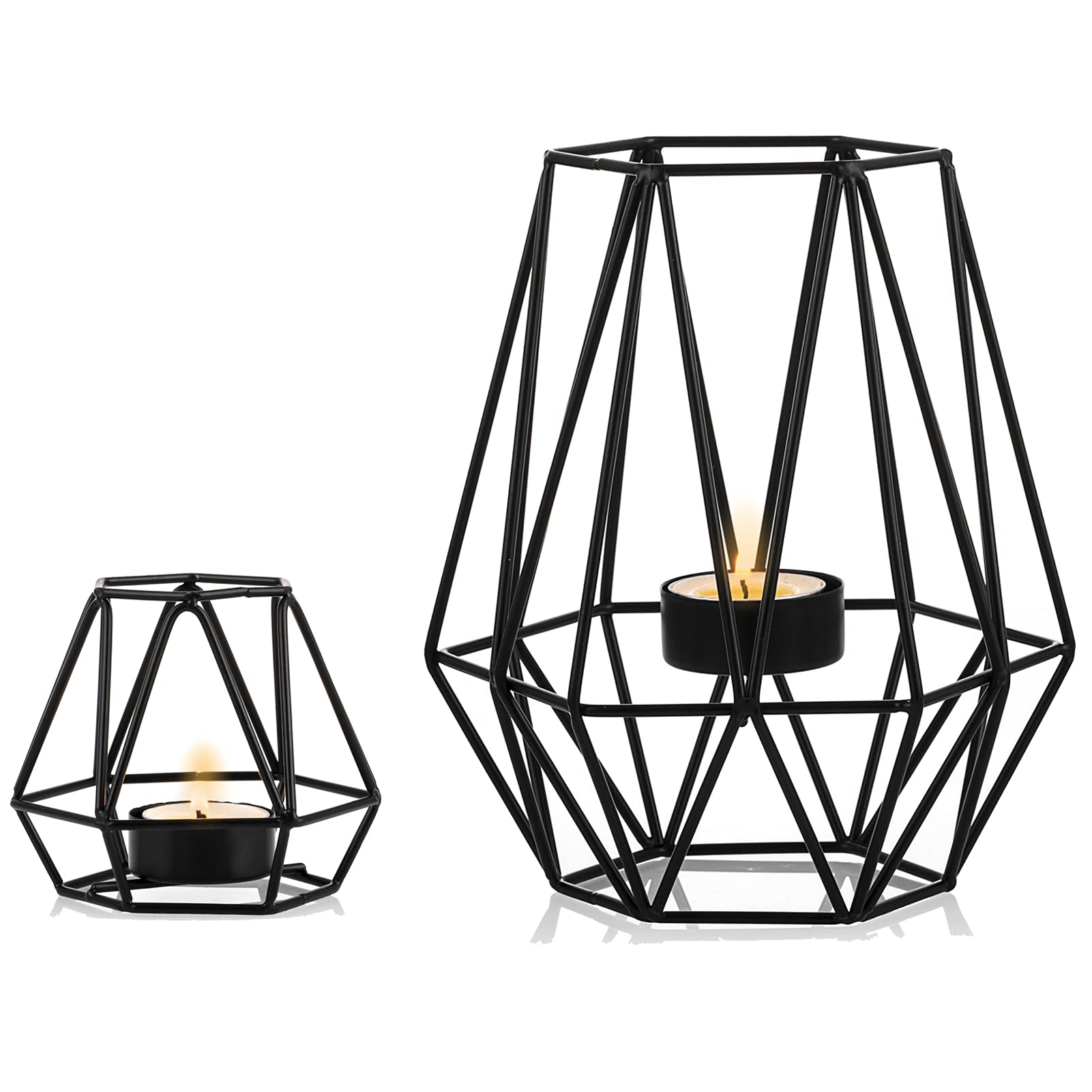 NUPTIO 2 Pcs Tealight Holders - Tea Light Candle Holders Geometric Candle Holder for Dining Table Decorations Centrepiece, Black Fireplace Ornaments for Living Room, Wedding Housewarming Gifts