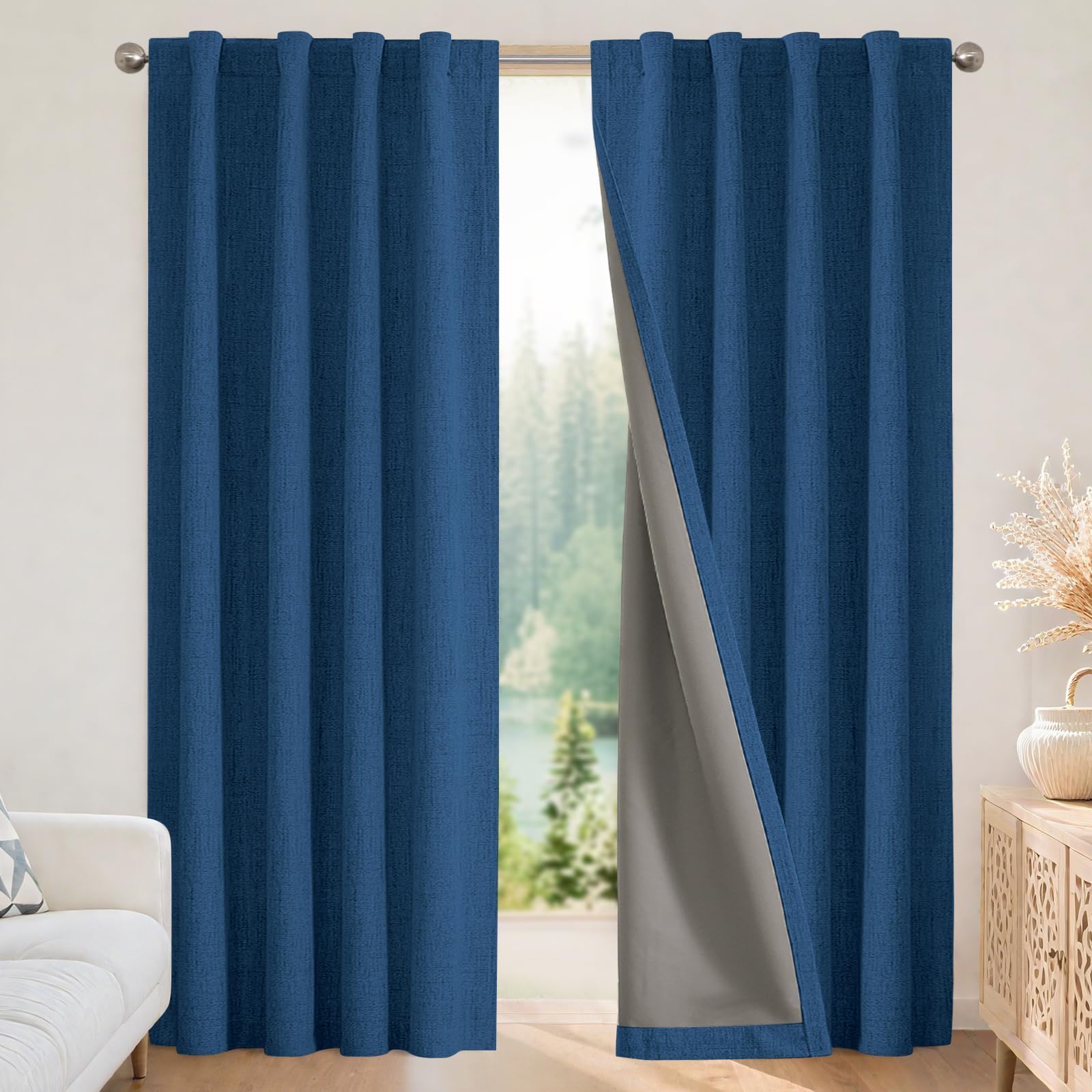 Joydeco Linen Blackout Curtains for Bedroom - 100% Light Blocking 1 Panels, Navy Blue Drapes 100" W x 120" L, Thermal Insulated Room Darkening Curtains for Living Room, Rod Pocket & Back Tabs Image