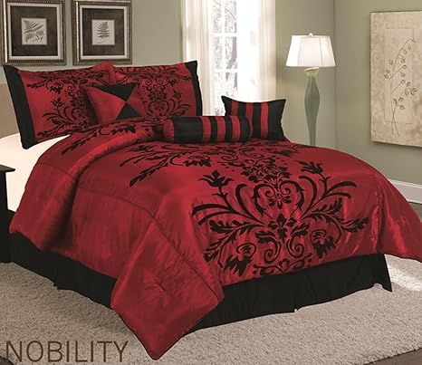 Amazon Com 7 Pieces Burgundy Red Black Comforter Set Queen Size