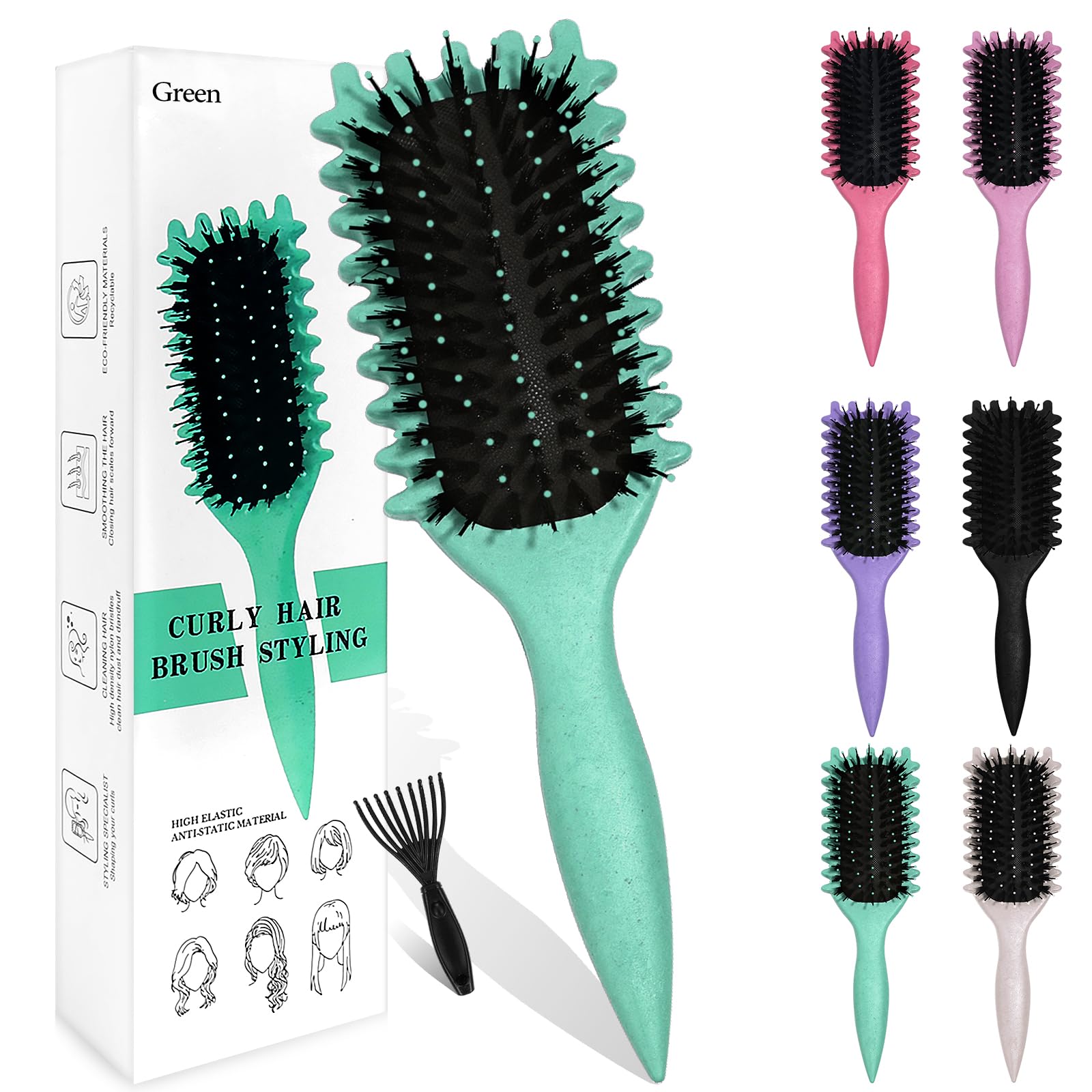 Sularpek Curly Hair Brush - Boar Bristle Curl Defining Styling Brush for Detangling, Shaping, and Defining Curls for Women and Men (Green)