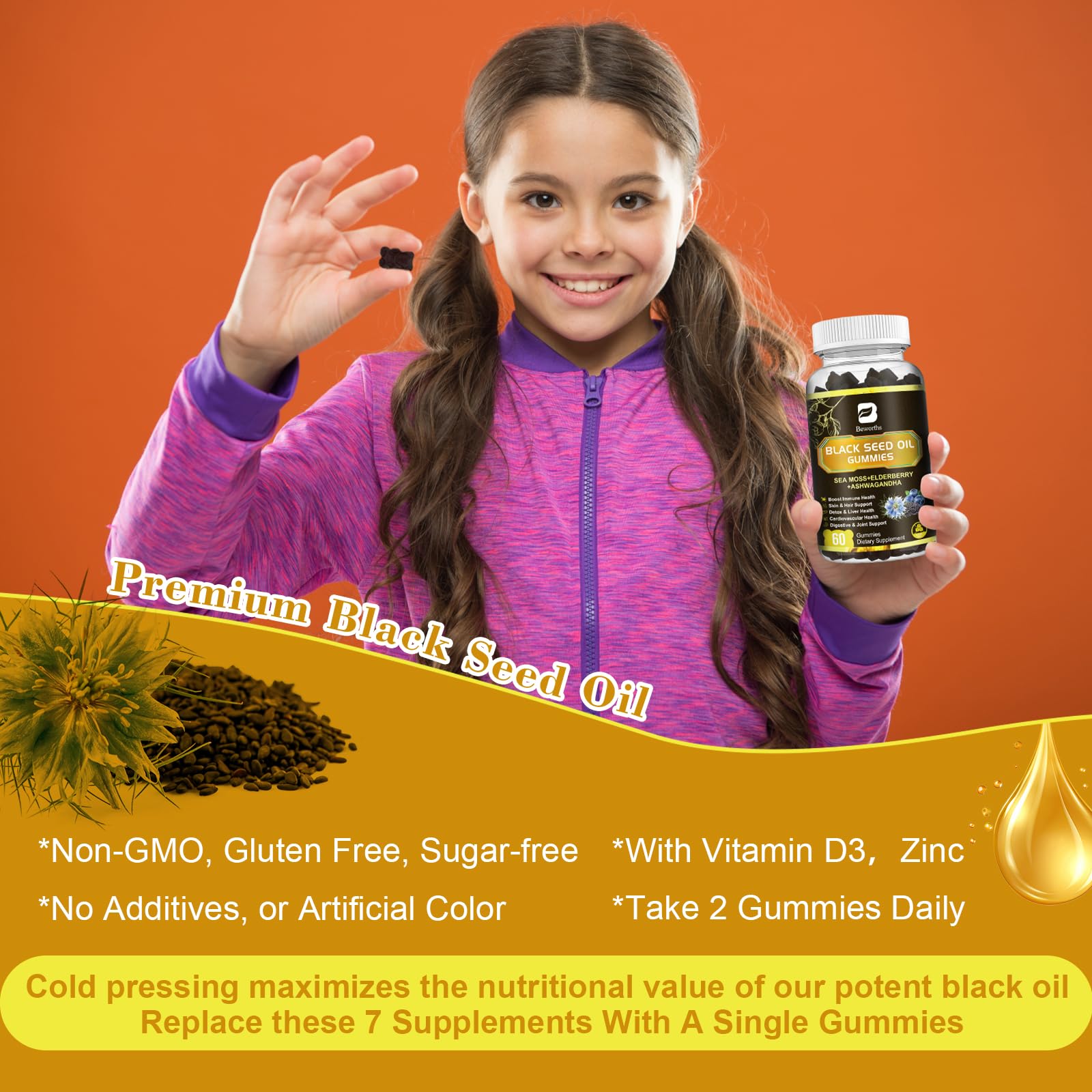 B BEWORTHS Black Seed Oil & Sea Moss Gummies, Organic Irish Sea Moss Gummies with Ashwagandha, Black Seed Oil, Elderberry, Turmeric, Vitamin D3/C and Zinc - Support Joints, Digestion, Hair & Skin