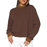 Cioatin Women Oversized Long Sleeve Striped Colorblock Tee Tops Crew Neck Loose Tshirt Pullover Y2K Aesthetic Fall Outfits