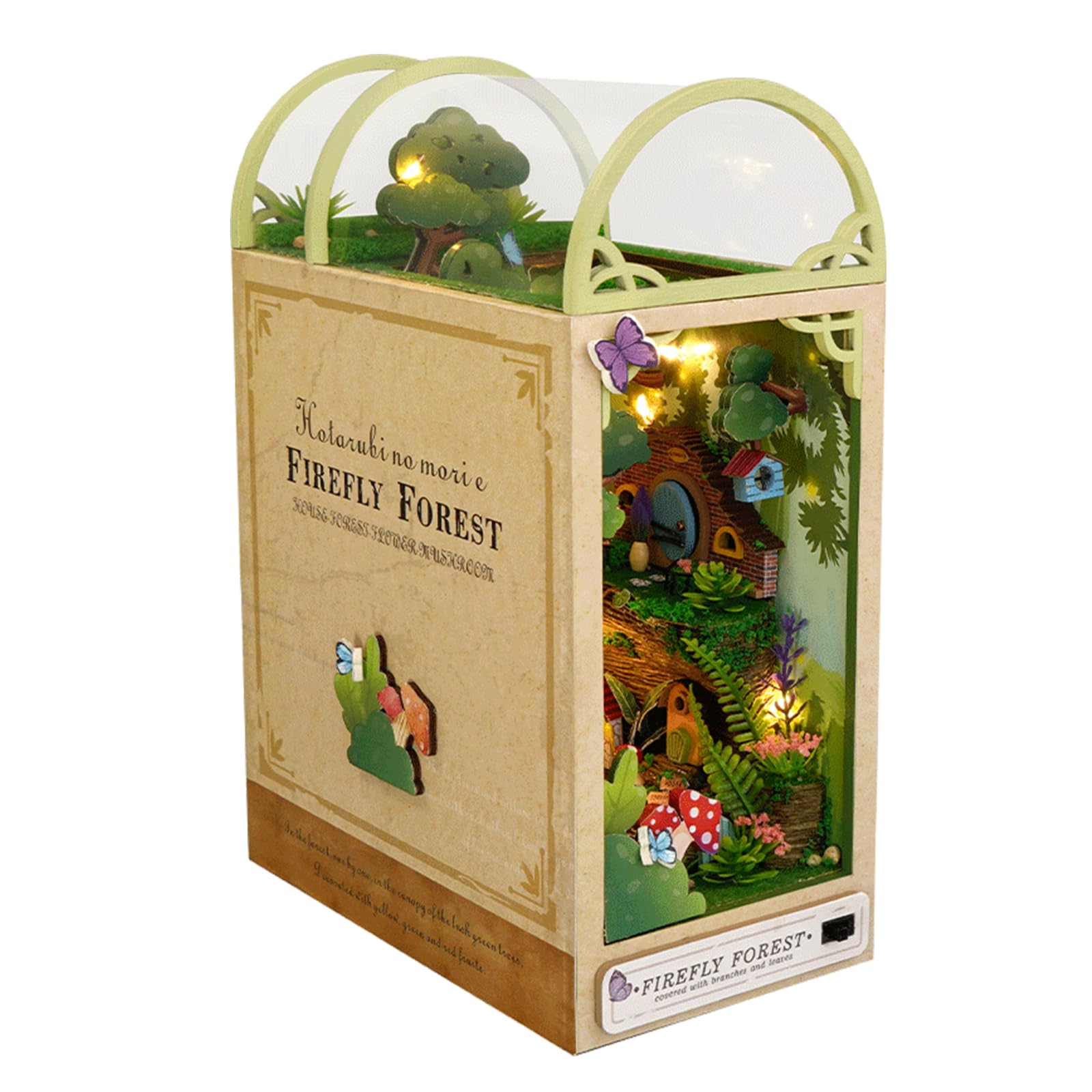 DIY Book Nook Kit, 3D Wooden Puzzle Dollhouse Kit Mini Doll House Model Kits with Sensor LED Light Bookshelf Decor Crafts for Thanksgiving, Forest of the Fireflies