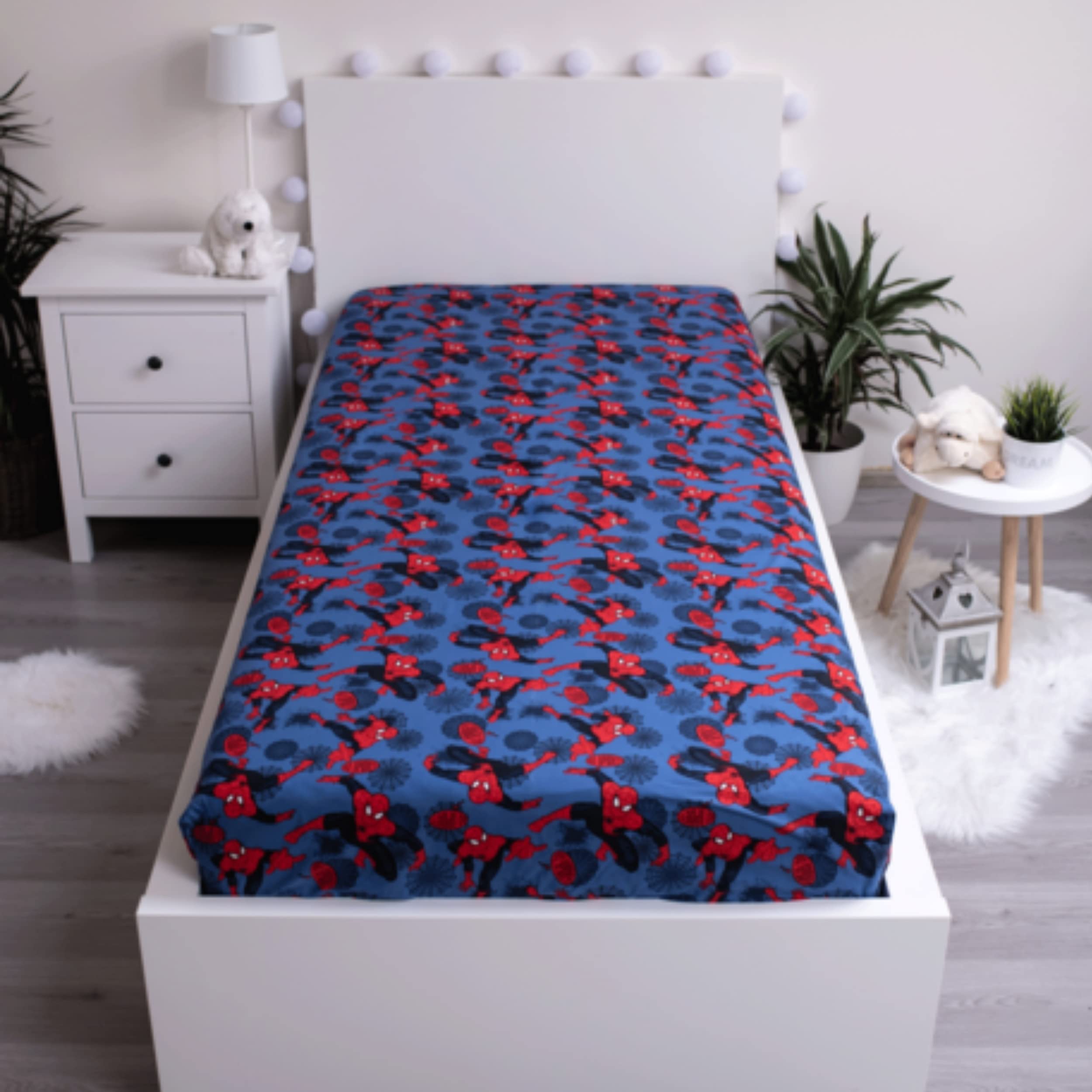 Jerry Fabrics F - Fitted Sheet Bedding – Spider Man – Blue – 1 Piece – Single – Elasticated Corners – 90 x 200 cm – 100% Cotton
