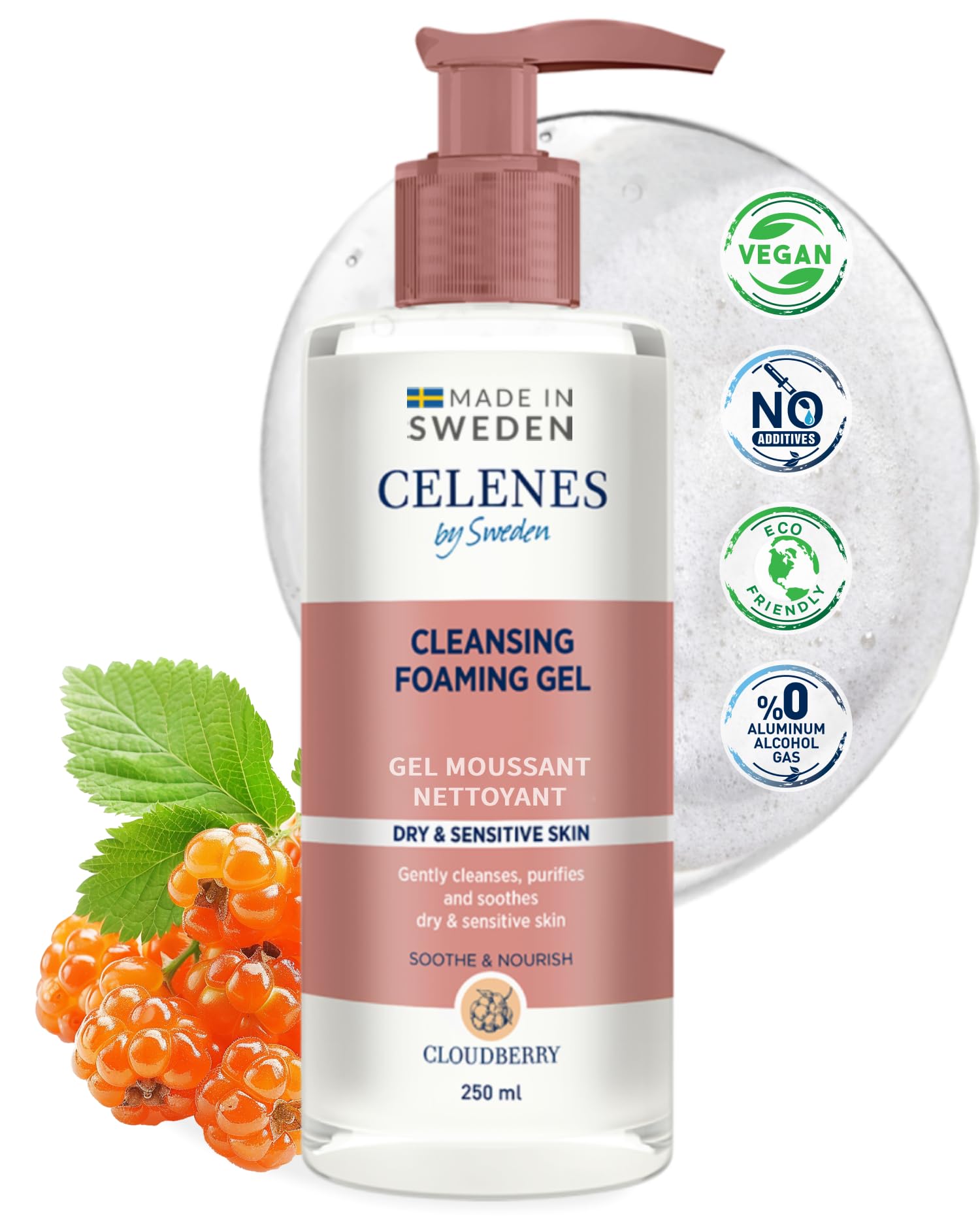 Celenes by Sweden Cloudberry Gel Facial Cleanser, Foaming Cleanser Facial Wash, 250ml - Vegan Mens Face Wash & Face Wash Women, Antioxidant Cleanser for Dry Skin - Sensitive Skin, Paraben/Alcohol-Free