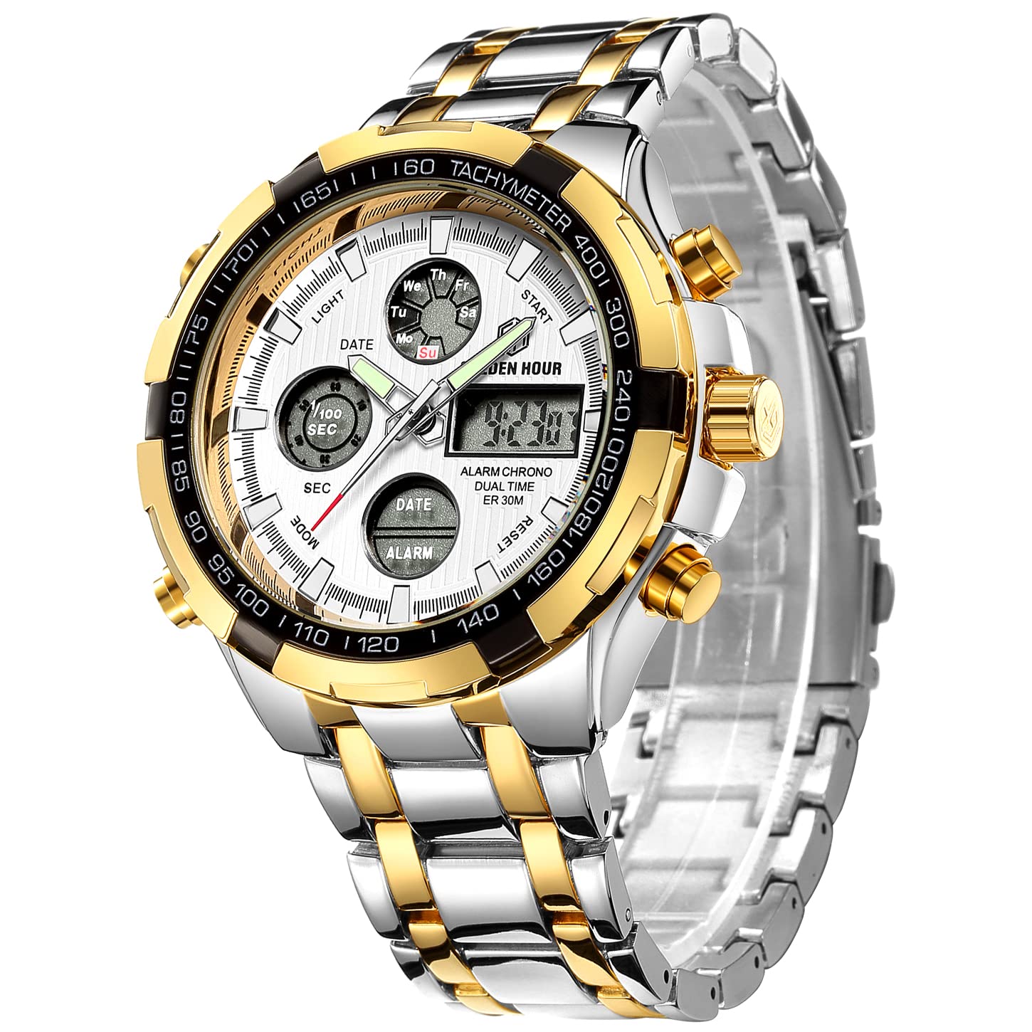 GOLDEN HOUR Luxury Stainless Steel Analog Digital Watches for Men Male Outdoor Sport Waterproof Big Heavy Wristwatch (Silver Gold White)