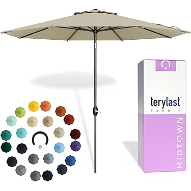 9-foot round solar aluminum patio umbrella in chino Amazon.com : 9' Round Patio Umbrella with 32 Solar Powered LED Lights,  Push-Button Tilt and Hand Crank Lift, Solar Umbrella in Navy for Porch,  Deck, and Patio by Sun-Ray : Patio, Lawn