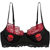 SOLY HUX Bras for Women Contrast Lace Skull Print Underwire Bra Everyday Bralette
