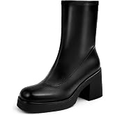 Soesyi Women's Square Toe Stretch Mid Boots Calf Slouchy Platform Booties Suede Zip Chunky Block Heeled Sock Ankle Boot shoes