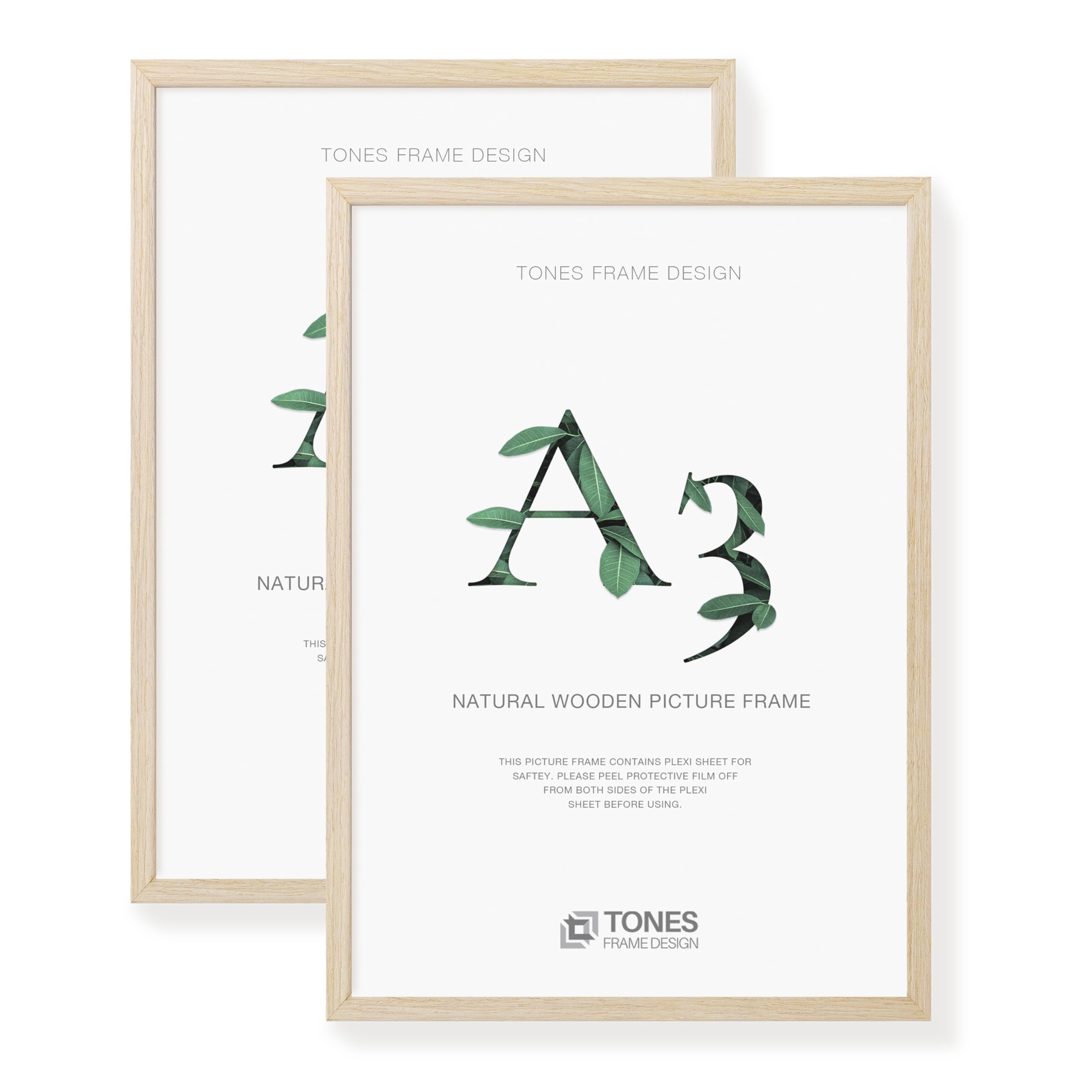 TONES FRAME DESIGN A3 Photo Frame 2 Pack, 29.7 x 41.9 cm, Wooden Picture Frames with Oak Veneer and Shatter-Resistant Plexiglass, Wall Frames for Portrait or Landscape, Posters, Prints, Certificates