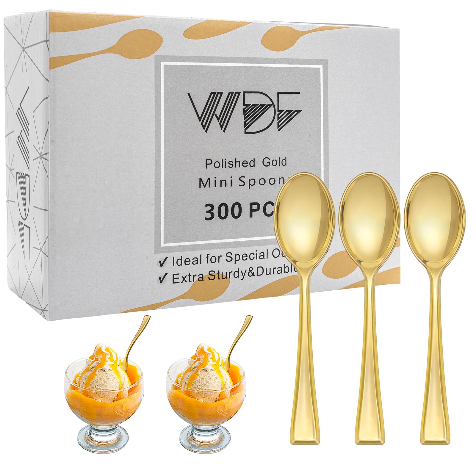 Photo 1 of WDF 300PCS Plastic Gold Mini Spoons - 4 Inches Gold Plastic Desserts Spoons, Heavy Duty Disposable Spoons Perfect for Coffee, Cake, Appetizers,Ice Cream,Wedding,Thanksgiving