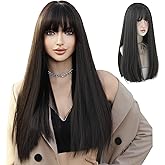 7JHH WIGS Long Straight Wig With Bangs Hair Dye Black Wig for Women Synthetic Natural Black Hair Party And Cosplay Premium Soft Wig(23 inch Black)