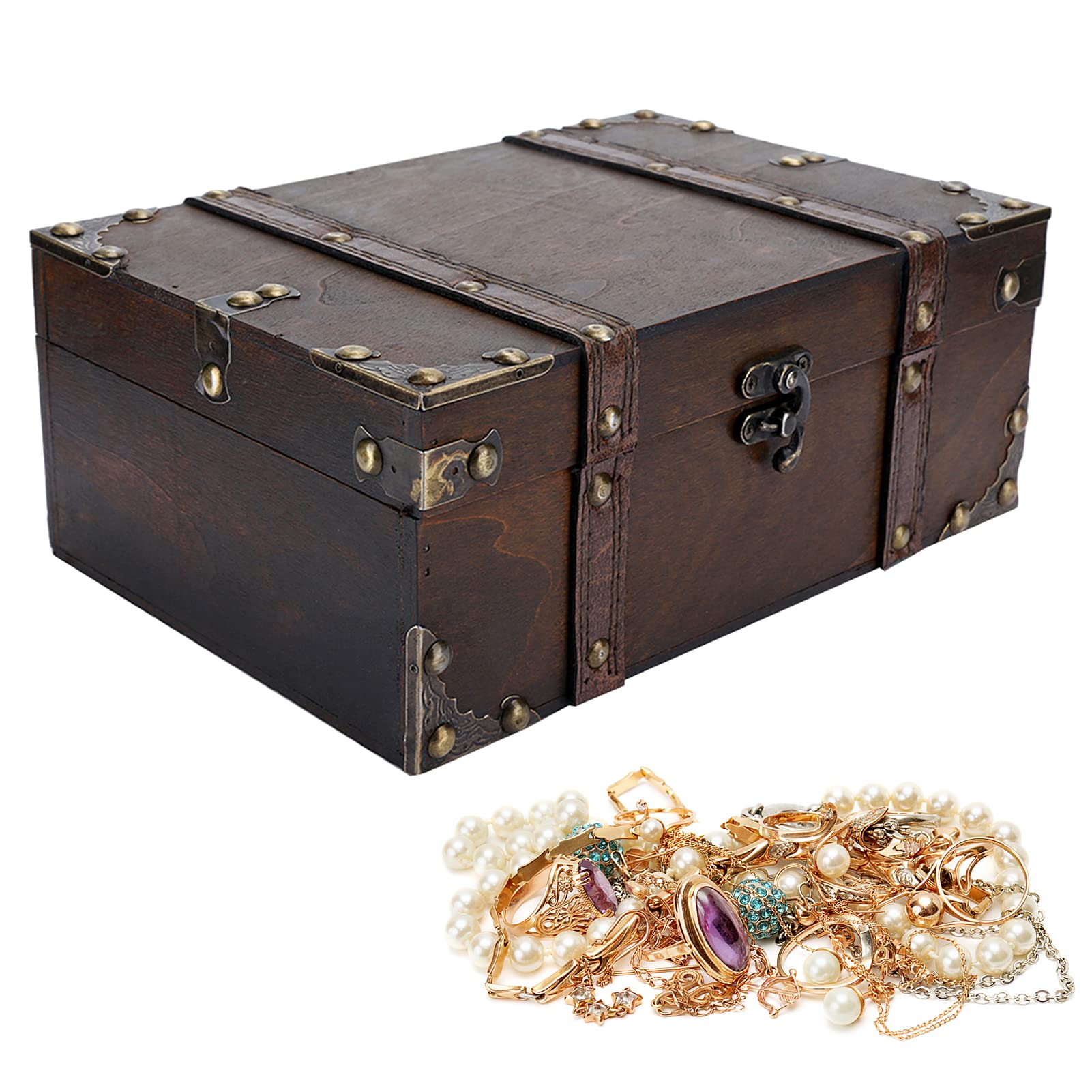 FTVOGUE Wooden Storage Box Vintage Style Decorative Jewelry Chest with Lock for Bedroom Living Room Home Decoration Treasure Box Small Wooden Keepsake Box Organizer for Accessories and Trinkets