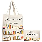 Sieral 2 Pcs Book Lovers Gifts Bookshelf Tote Bag Makeup Reading Canvas Bag Reusable Book Tote Bag Cosmetic Pencil Cases School Bag Gift with Metal Zipper Bookish Librarian Gifts for Women Teacher