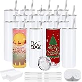 YOUKE OLA 16 Pack Sublimation Tumblers Flat Edge Blanks Skinny Straight Bulk 20 oz, Stainless Steel Double Wall Insulated Sublimation with Straw & Lids for Heat Transfer, White | Flat Edge, Blanks, Skinny Straight, Bulk, Sublimation