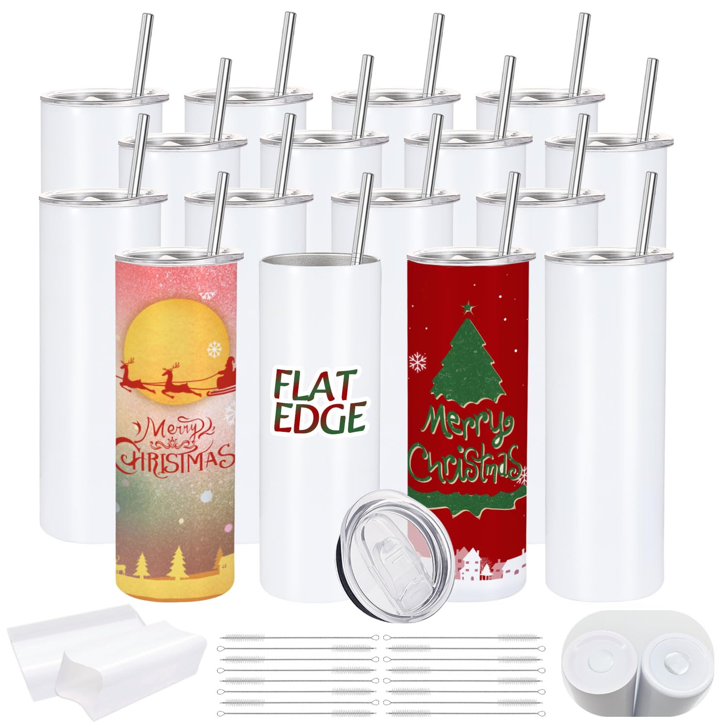 Photo 1 of YOUKE OLA 16 Pack Sublimation Tumblers Flat Edge Blanks Skinny Straight Bulk 20 oz, Stainless Steel Double Wall Insulated Sublimation with Straw & Lids for Heat Transfer, White