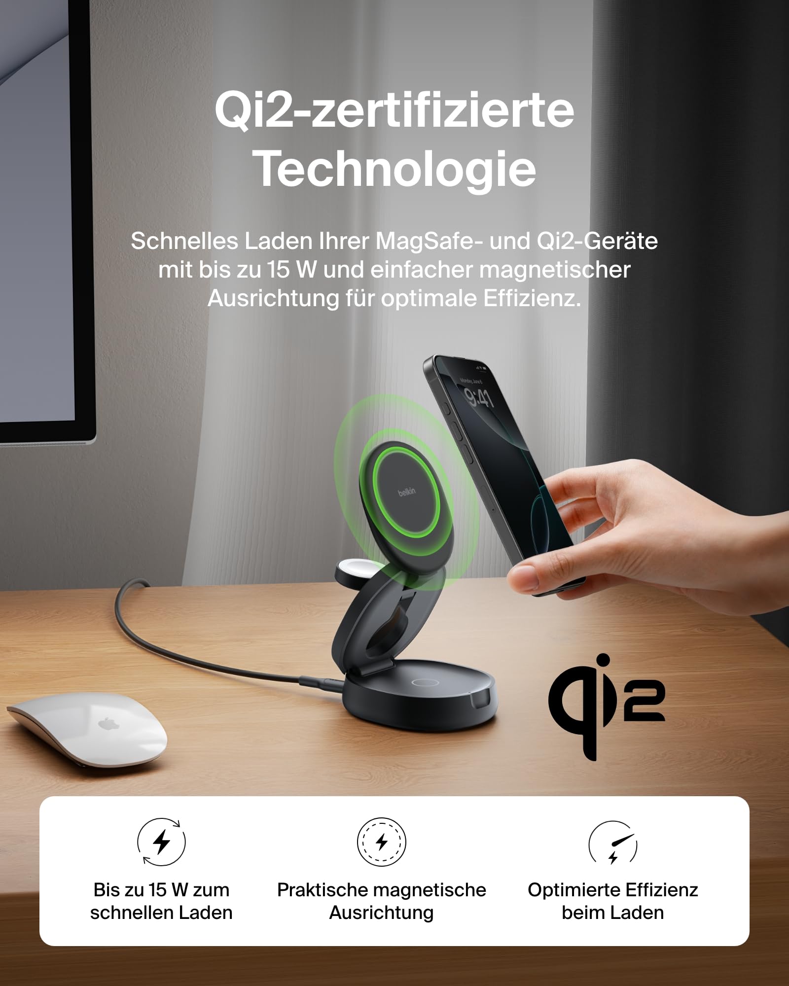 Belkin BoostCharge 3-in-1 Induktive Ladestation mit Qi2, 15W, MagSafe-kompatibles Ladegerät, Kabellose, Verstellbare, für iPhone 17, Air, Pixelsnap, Apple Watch, AirPods, inkl. 30-W-Netzteil – Schwarz 4