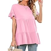 Neineiwu Women's Casual Ruffle Short Sleeve Crewneck Loose Tops Blouses Tunics