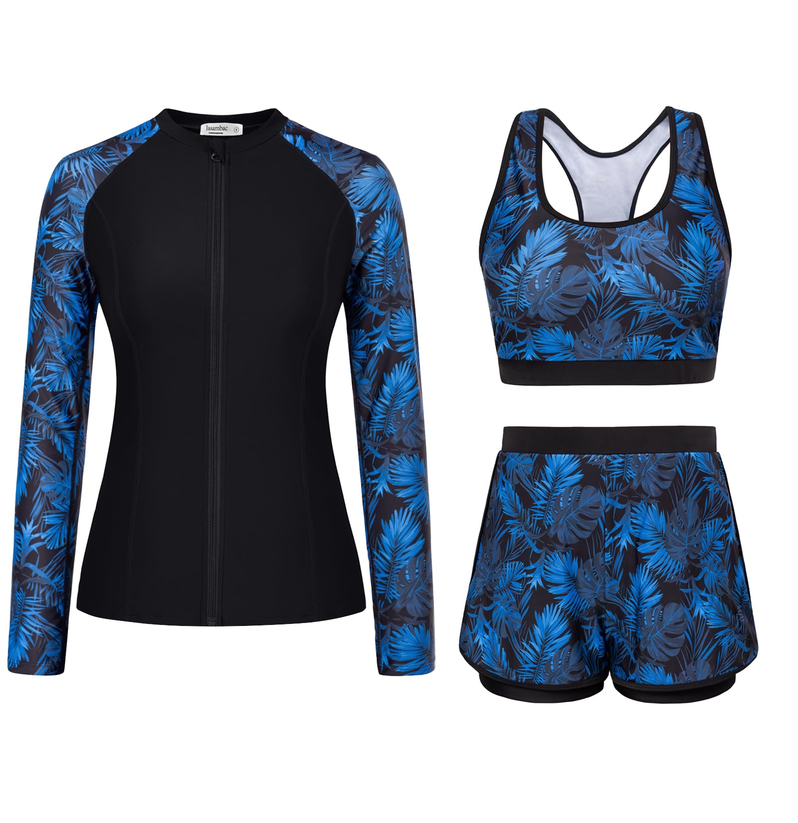 Photo 1 of 3 Piece Long Sleeve Swimsuits for Women Tummy Control Rash Guard Swim Shirt Built in Bra Modest Swimwear UPF 50+ Blue Palm Leaf XL