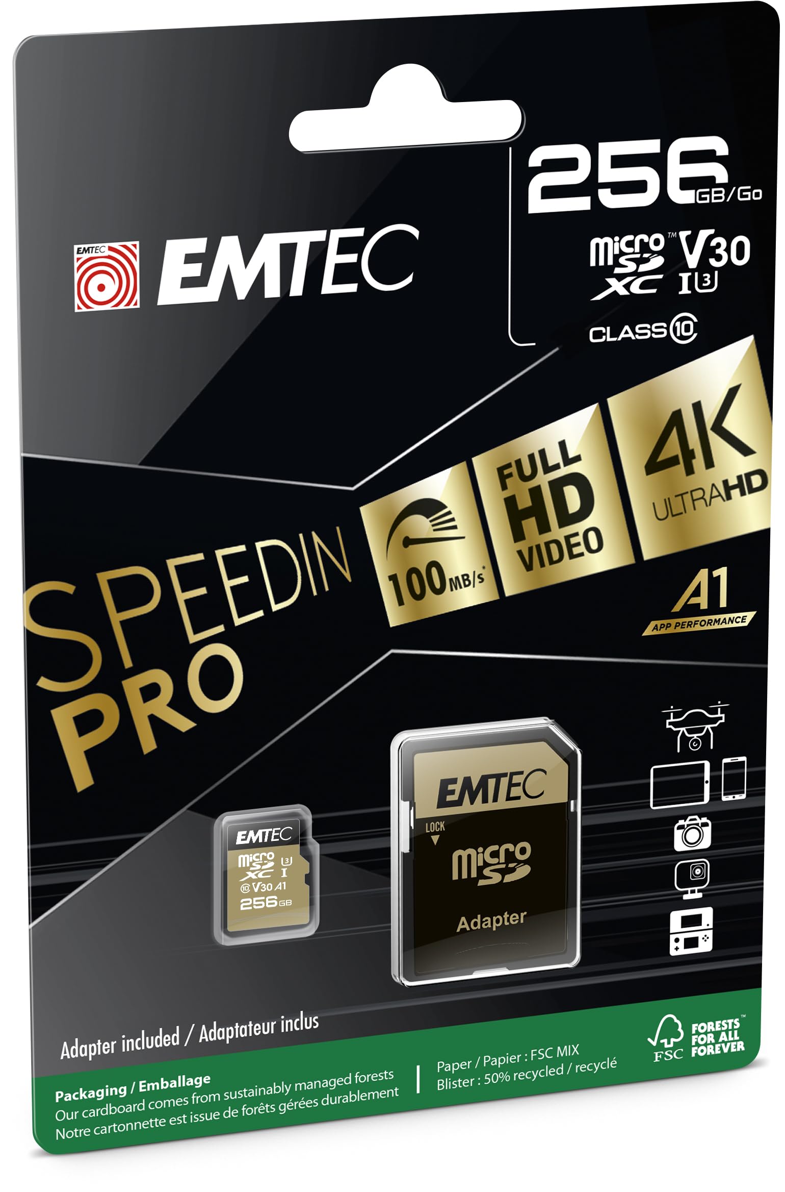 EMTEC - UHS-I U3 V30 A1 microSD card - 256 GB, 256 GB - ECMSDM256GXC10SP - Speedin range - with adapter - read and write speeds up to 100 MB/s, 100 MB/s - Black/Gold