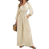 LOOKBOHO Womens Jumpsuits Long Sleeve V Neck Dressy Casual 2026 High Waist Romper Wide Leg Pants One Piece Outfits