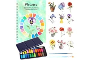 Floral Watercolor Workbook for Beginners with 24 Colors Paint Set – Water Coloring Book with 12 Flower Designs, Step-by-Step Painting Guide, Relaxing Watercolor Workbook Art Kit for Adults Teens